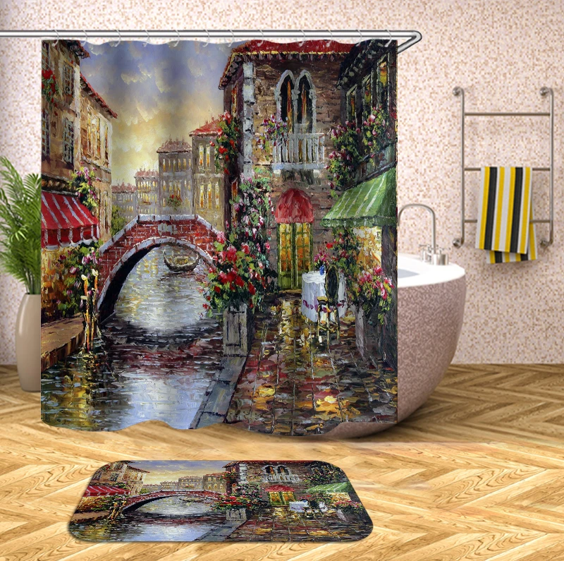 

Water city bridge Flowers shower curtain art Imagery oil painting 3d bath curtain waterproof castle river bathroom curtain