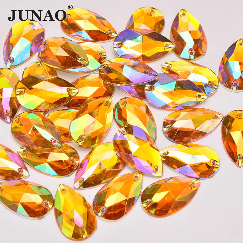 JUNAO 17*28mm Sewing Red AB Teardops Rhinestone Applique Large Crystal Stones Sew Strass Crystal Flatback Acrylic Gems Crafts - Цвет: Yellow AB