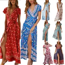 Women Ladies Boho Floral Print V Neck Holiday Short Sleeve Split Summer Beach Maxi Dress Sundress Women Ladies Boho Floral Print V Neck Holiday Short Sleeve Split Summer Beach Maxi Dress Sundress