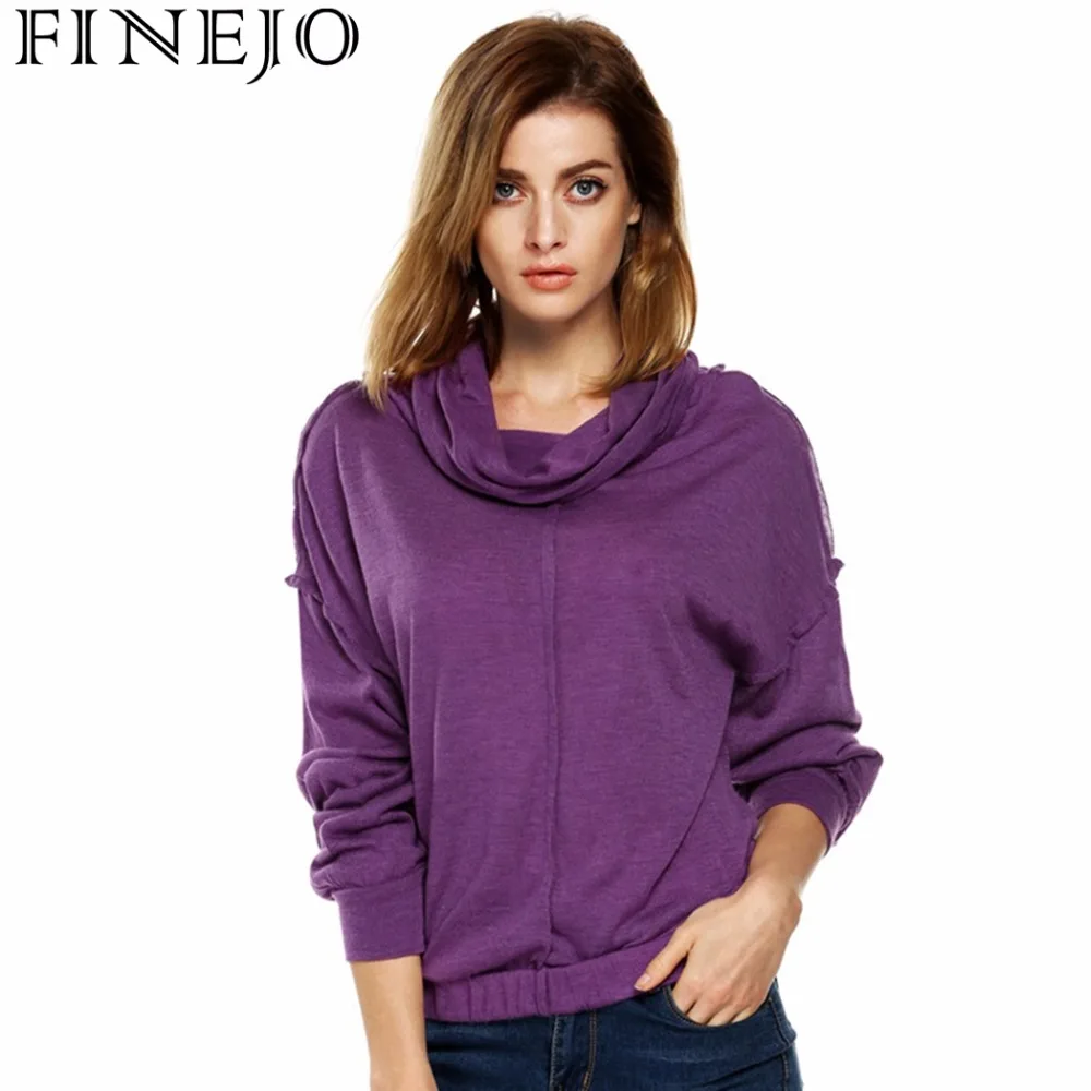 FINEJO Stylish Women Long Sleeve High Neck Hoodies Sweatshirts Loose Fitting Elastic Hem Solid