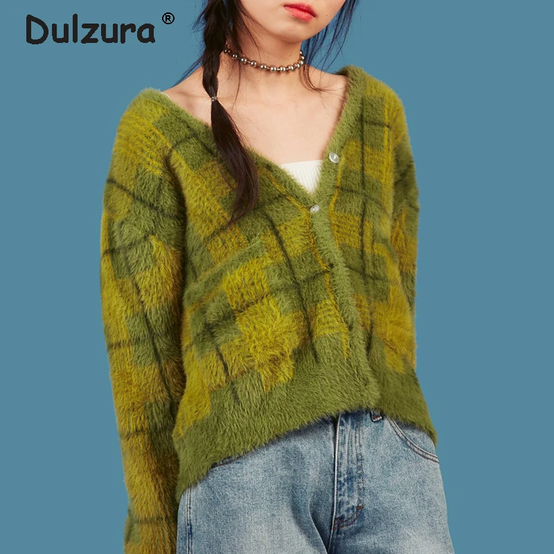 Harajuku Unif Green Plaid Cropped Cardigans Sweaters Women 2018 Autumn Winter Vintage Knitted 