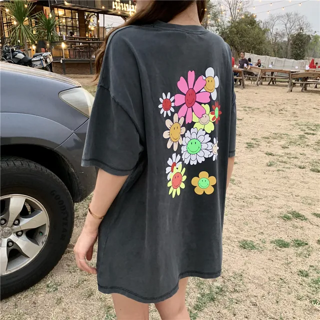 US $12.79 2019 spring summer floral print loose grey short sleeve t shirts womens tops tee shirt femme (R4423