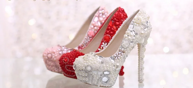 20_Pearl Diamond White Bridal Wedding Shoes Red Platform Super High Heels Woman Elegant Free Shipping Size 40