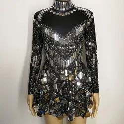 Черная кожа блестки яркие зеркала камни платье сексуальный ночной клуб кристаллы костюм для певицы выпусквечерние ная Вечеринка