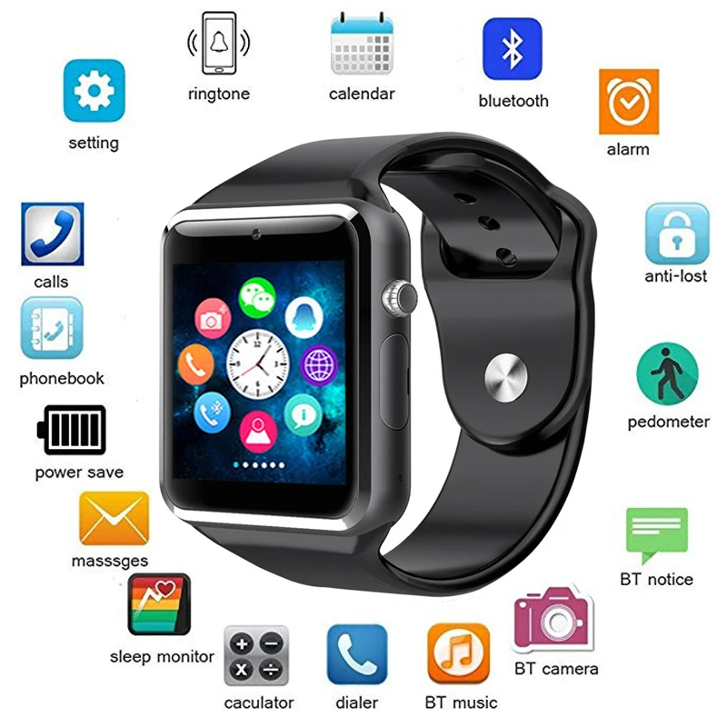 A1 наручные часы Bluetooth Смарт для женщин и мужчин Спорт шагомер с sim камерой Smartwatch IOS