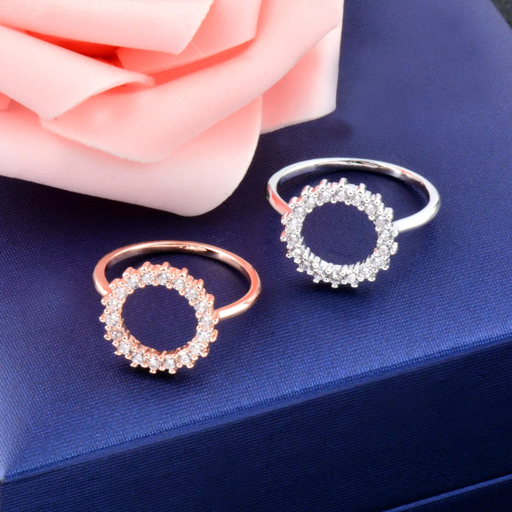

SINLEERY Luxury Elegant Circle Round Finger Rings Rose Gold Silver Color Crystal Inlay Wedding Rings For Women Jewelry JZ023 SSD
