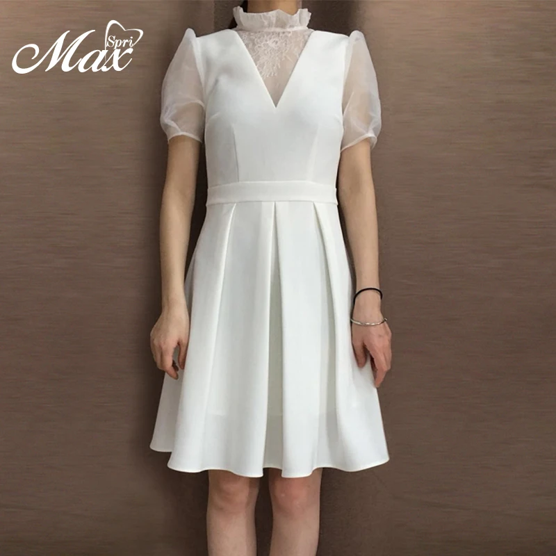 

Max Spri 2019 Spring New Arrvials Office LadyRuffles Neck Chiffon Puff Short Sleeves A Line Women Party Midi Dress White