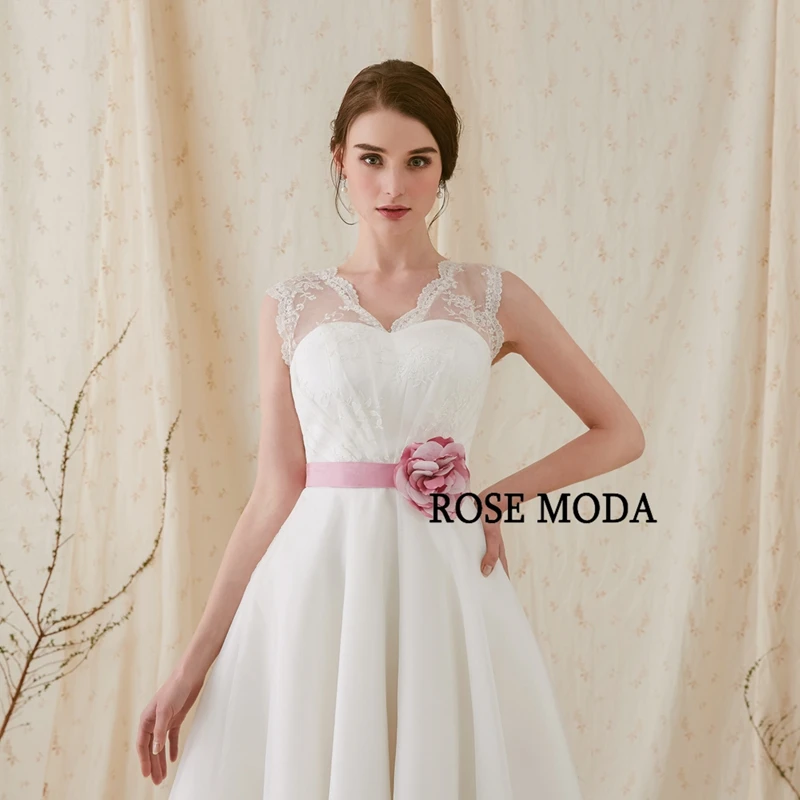 Rose Moda модное Короткое свадебное платье с розовым цветком, v-образным вырезом, длиной до колена, пляжные свадебные платья с кружевной спинкой