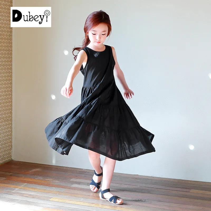 

Girls Black Sleeveless Beach Holiday Long Dress Teenager Girl Brief Cartoon Vest Dress Children Girl Clothing for Beach Party