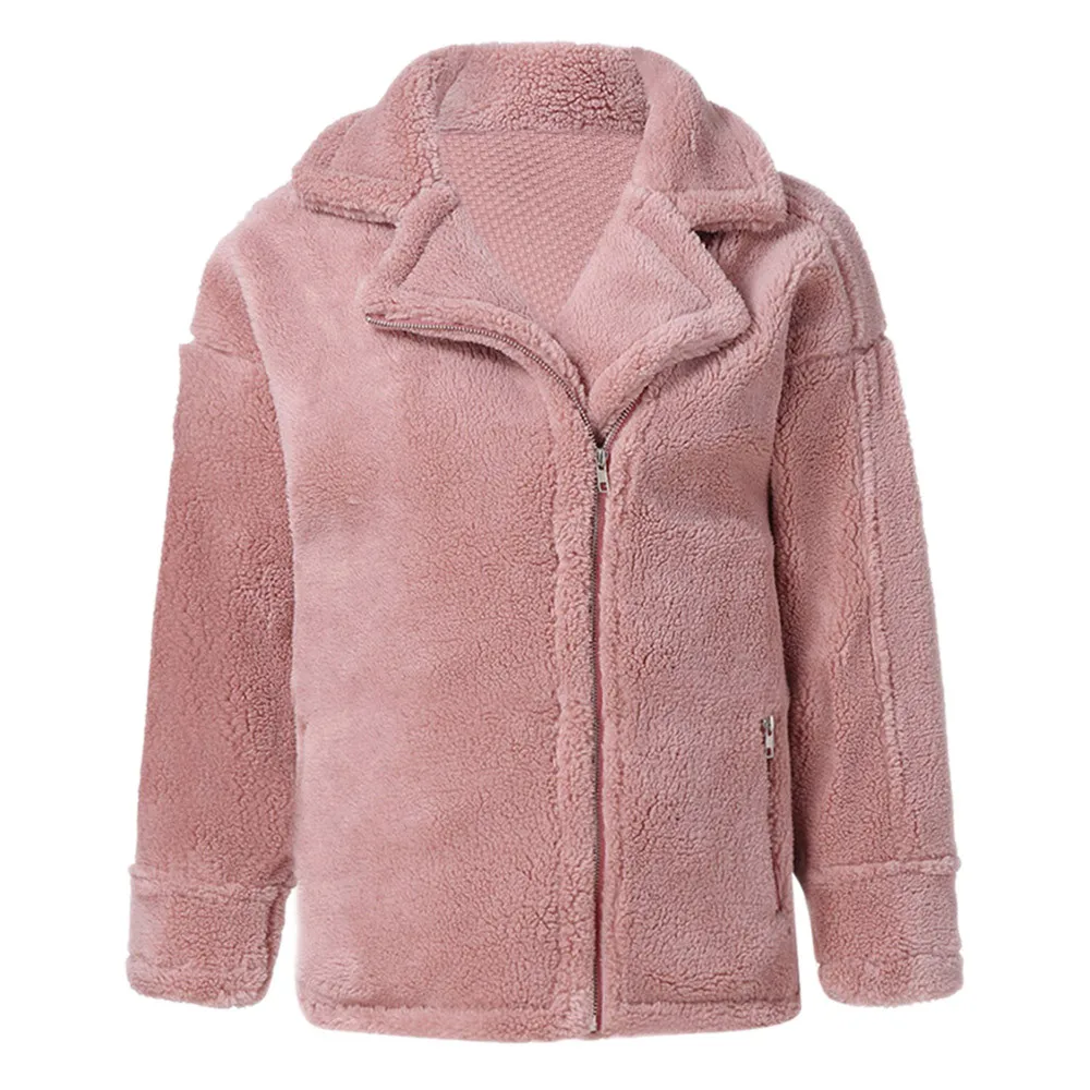 Женское плюшевое пальто, Розовое женское повседневное пальто с длинным рукавом, Женское пальто с отложным воротником