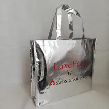 

Wholesales 500pcs/lot Shiny Silver Metallic Laser Shopping Tote Bag Stylish Non Woven Custom Bags for Fair Trade Show Exhibition