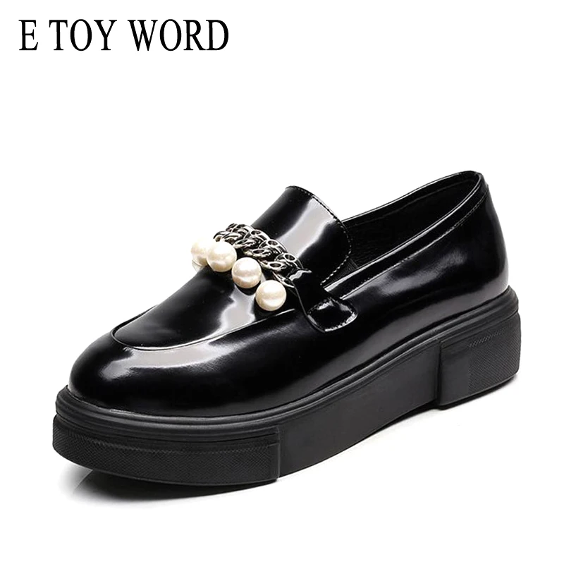 

E TOY WORD Patent Leather Oxford for women loafers slip on Platform Shoes Black High Quality metal chains Bead Women's Flats