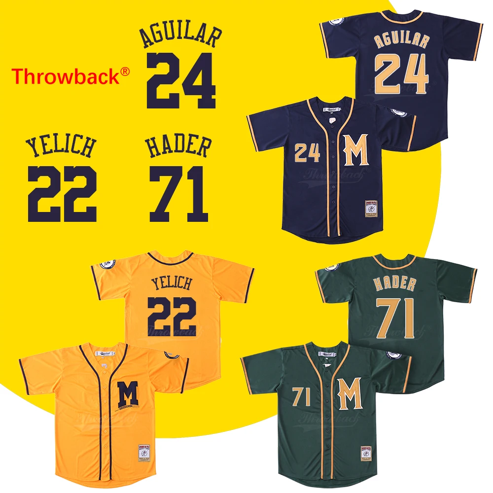 

Throwback Baseball Jerseys Men's Milwaukee Jersey Custom 24 Aguilar 22 Yelich Hader Jersey Shirt Stiched Green Yellow Blue