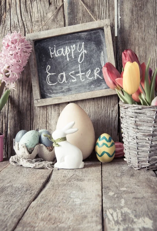 

Laeacco Gray Photo Backdrops Happy Easter Day Eggs Basket Flowers Rabbit Wooden Board Photo Backgrounds Photocall Photo Studio