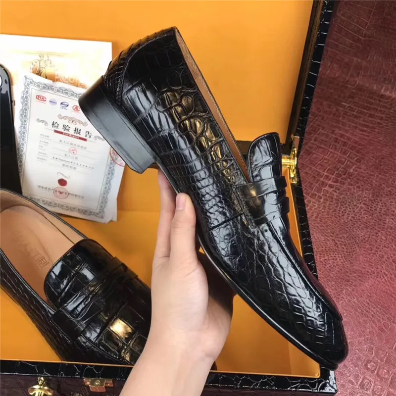 Необычные подлинные модельные туфли из крокодиловой кожи под живот для бизнесменов; Мужские Черные слипоны из натуральной кожи аллигатора; обувь для костюмов