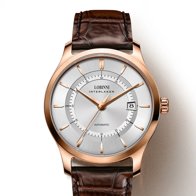  LOBINNI Mens 50M Waterproof Genuine Leather Strap Business Single Calendar Automatic Self-wind Mech