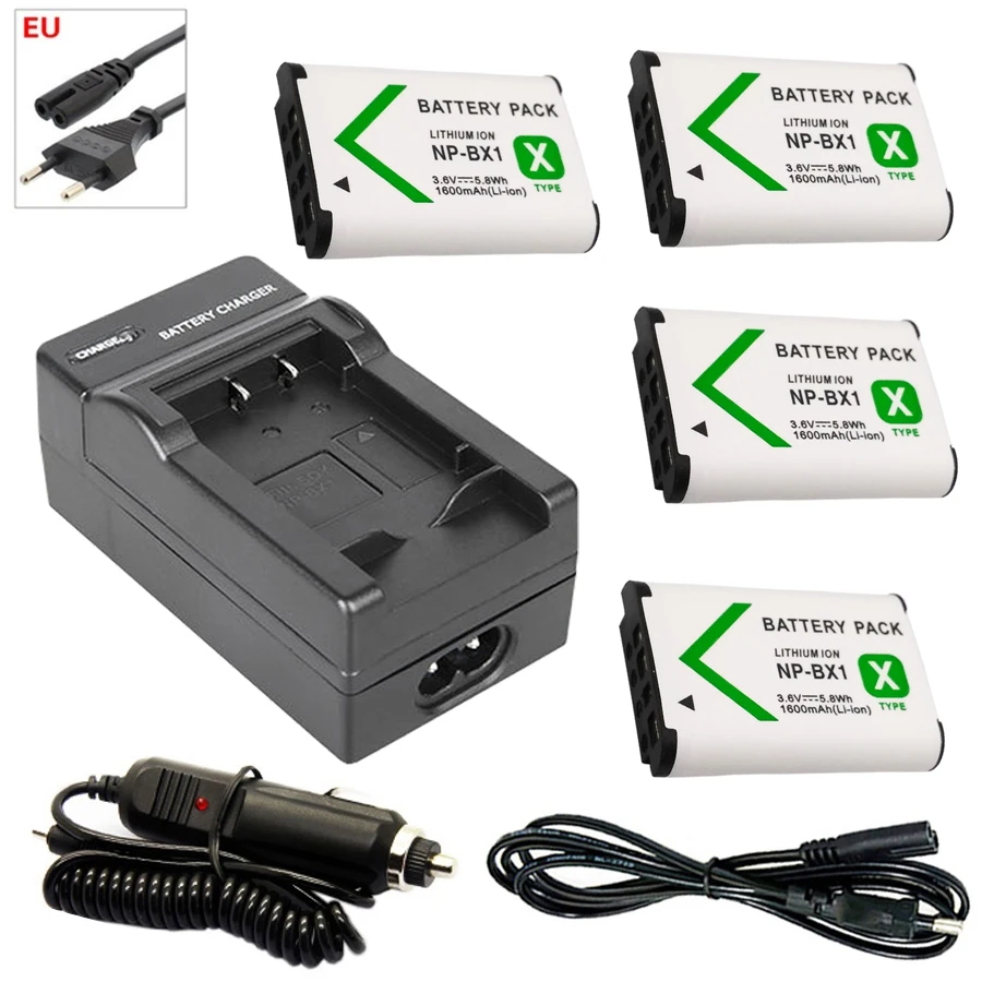 

4x NP-BX1 bateria np bx1 battery +EU Car Charger for Sony DSC-RX100 DSC-WX500 HX300 WX300 HDR AS100v AS200V AS15 AS30V AS300 M3