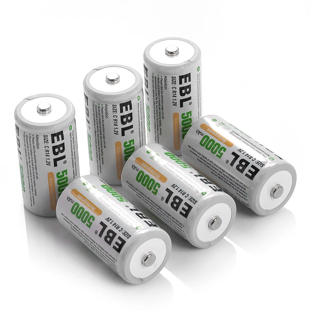 6pcs/lot EBL 5000mAh Size C Batteries R14 1.2v Rechargeable Battery Ni