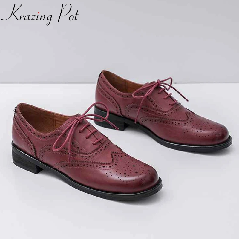 

Krazing pot new carved low heels lace up pumps genuine natural leather superstar elegant preppy style round toe dating shoes L51