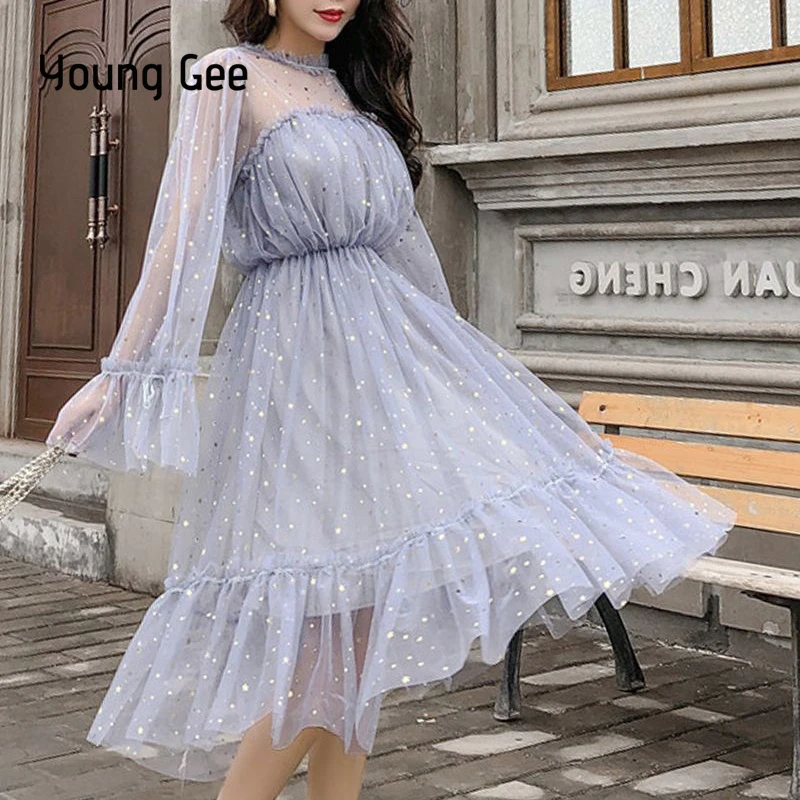 Young Gee Модные женские прозрачные платья с блестками vestidos verano романтическое сексуальное Сетчатое милое свободное платье с оборками