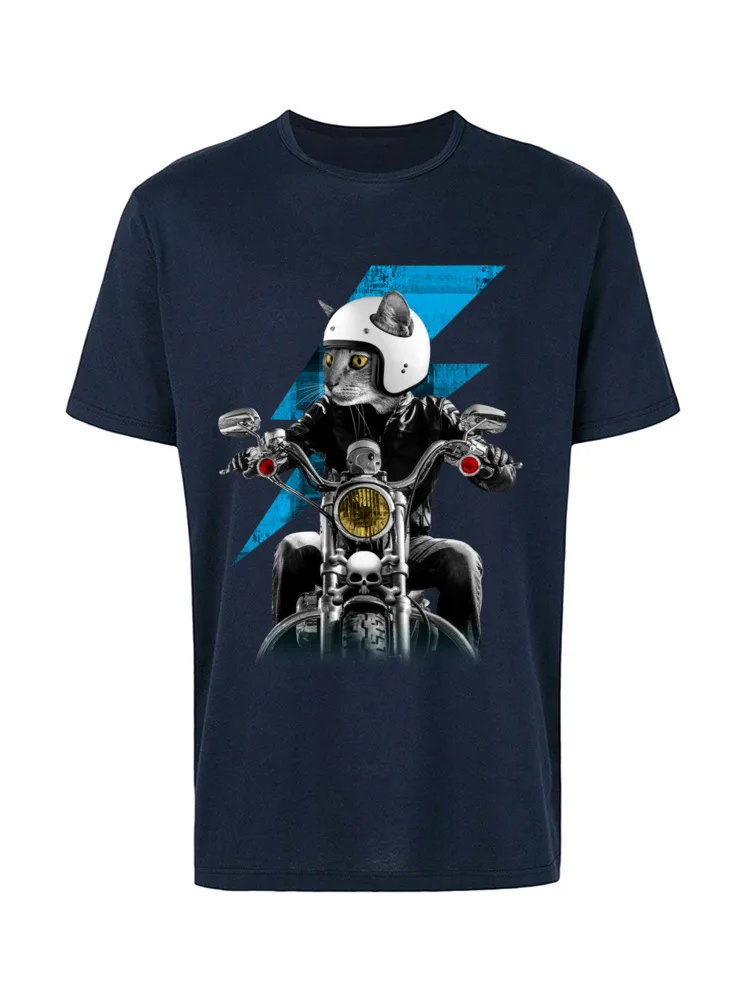 Biker Cat 3527 Funny Men T Shirts Round Collar Short Sleeve 100% Cotton Tops Tees Customized Tshirts Top Quality Biker Cat 3527 navy
