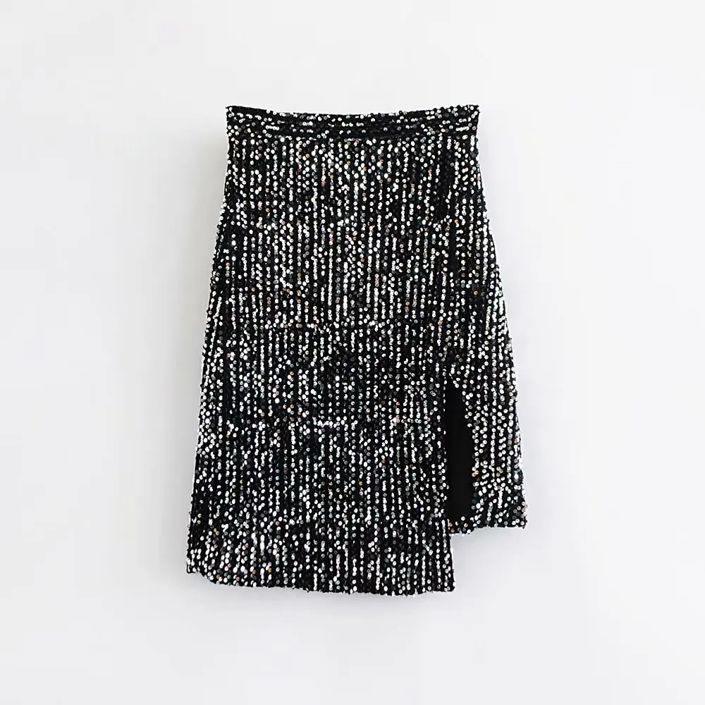 

2019 New Women fashion sequined hip package black split skirt faldas mujer ladies back zipper chic asymmetrical skirts QUN291