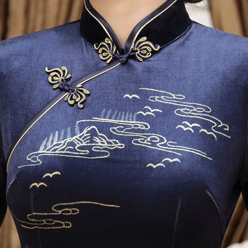 Новое поступление, женское велюровое длинное платье Cheongsam, модное платье в китайском стиле, элегантное платье Qipao Vestido, Размеры S M L XL XXL XXXL 4XL T0043