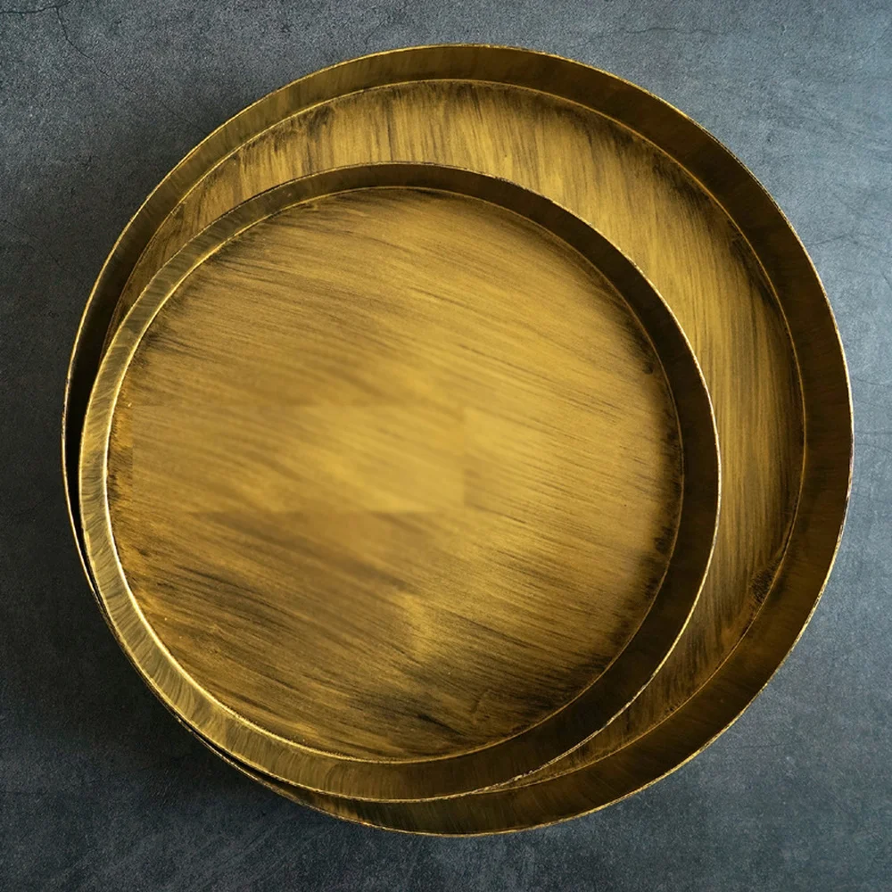 Винтажный Золотой поднос металлическая круглая пластина Классическая старая бронзовая тарелка для закусок украшение дома реквизит для фотосъемки