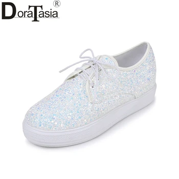 

DoraTasia 2020 Spring Autumn Plus Size 30-44 Sweet Glitter Platform Shoes Woman Lace Up Height Increasing Women Shoes