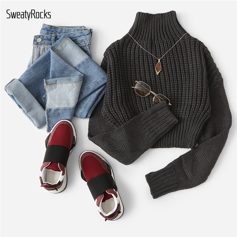 Tanie SweatyRocks solidna stójka kołnierz sweter w stylu crop z długim rękawem kobiece eleganckie swetry topy 2018 jesień kobiety Casual swetry basic