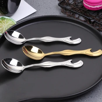 

304 Stainless Steel Coffee Spoon Creative Beer Bottle Opener Spoon Electroplate Gold Silver Scoop For Tea Dessert Salad 6pcs/set