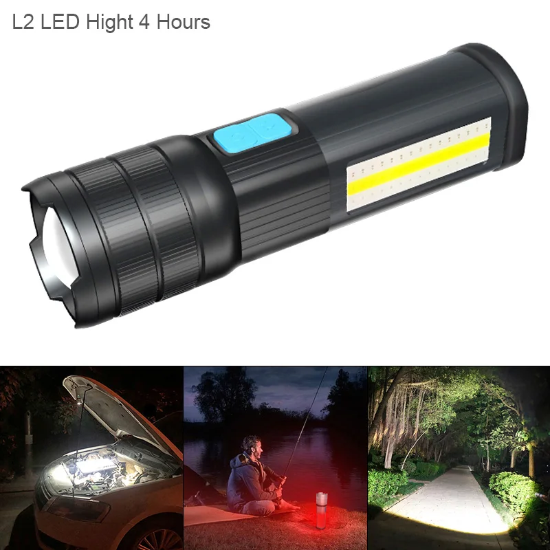 

Flashlight Highlight Mode 4 Hours L2 LED 5V COB Zoomable USB Flashlight Waterproof Emergency Work Light Lamp for Camping Hunting