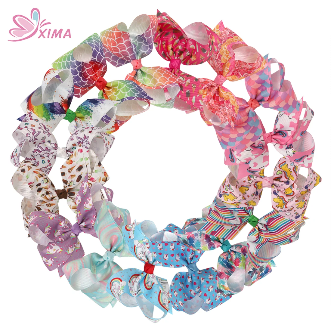 

XIMA 16pcs/lot 4.5''Colorful Unicorn Heart Print Hair Bows with Clip Boutique Hair Clips Kids Hair Accessories for Party Gift