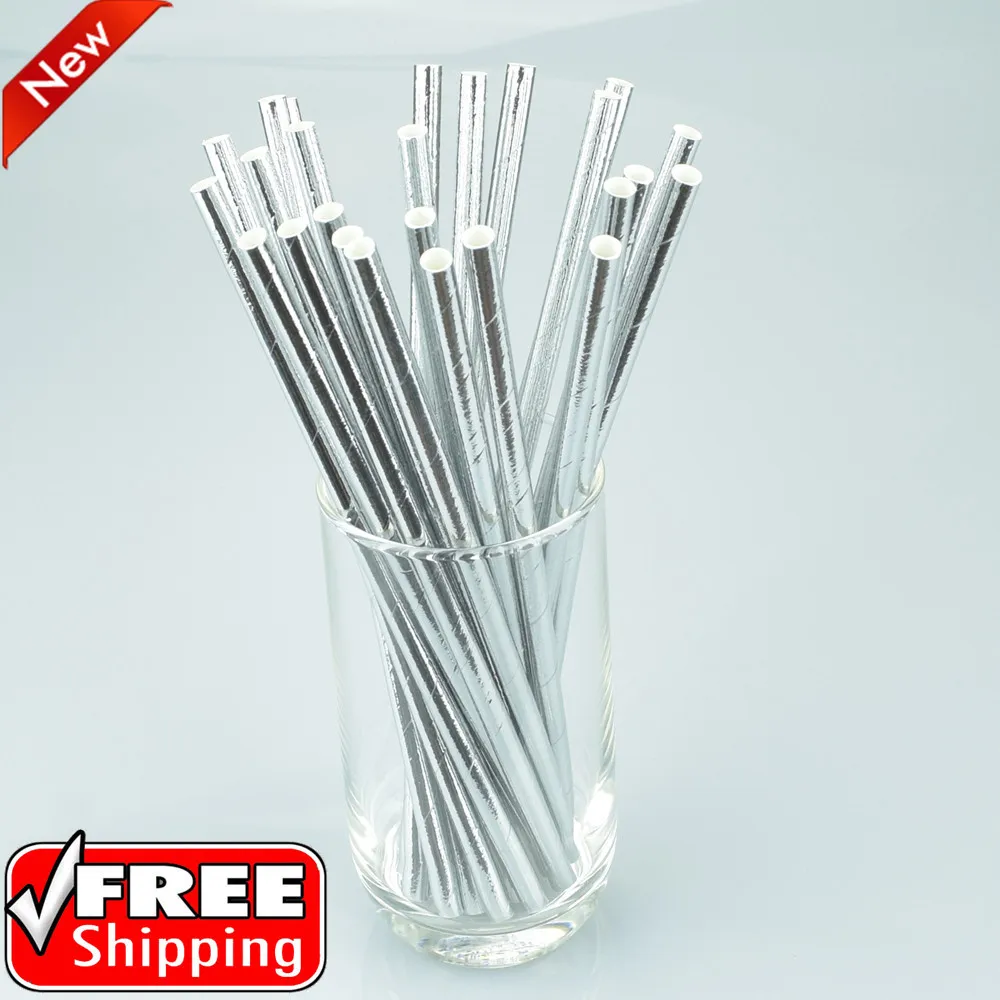 200pcs Plain Silver Foil Paper Drinking Straws,Solid Mason Jar Straws