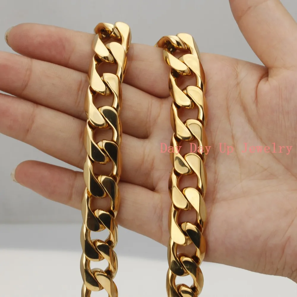 Innovative jewelry Fashion 15mm Mens Stainless Steel Biker Miami Curb Link Chain Necklace Or Bracelet Gold Tone,7-40