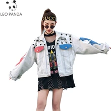 Новинка весны, Орел, печать цепочка, смешанные цвета, женская джинсовая куртка, пальто, свободные, плюс размер, уличная джинсовая куртка для женщин LX106