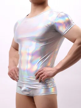 

Bodysuit Men Sexy Slimming T-shirt Shaper Shiny PU Leather Top Wet Look Club Tees Underwear Shorts Thong Sexi Man Body