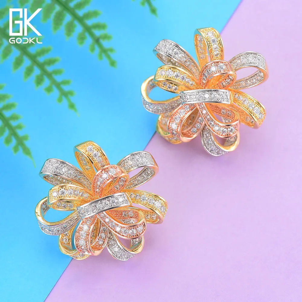 GODKI 29 мм новые роскошные модные цветочные серьги-гвоздики для женщин Свадебные кубический циркон Кристалл CZ индийские Африканские свадебные серьги-гвоздики
