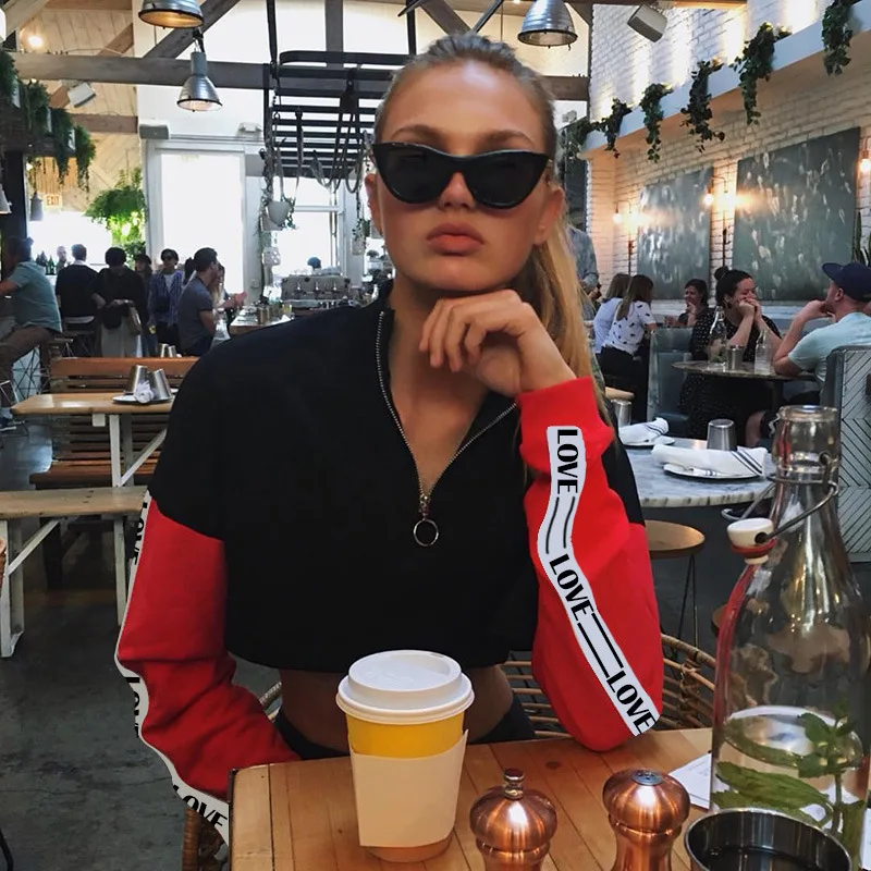2018 Осень Письмо печати шить Для женщин Swearshirt с длинными рукавами Half Zip пуловер