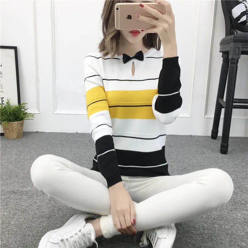 Female Winter &amp Spring Knitted Cute Bow Tie Striped Regular Short Pullover Sweater Ladies Casual All-match Wear Blouse | Женская