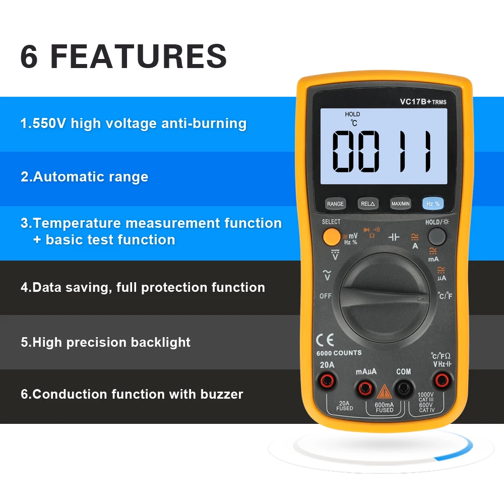 

550V high voltage anti-burn auto range multimeter VC17B digital multimeter basic test function+tmperature test duty ratio buzzer