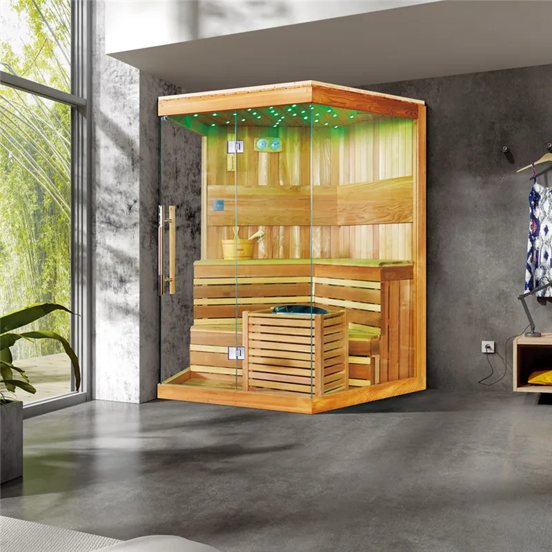 

190*180*200CM New style Beautiful LED lights sauna room three sides fiberglass traditional style dry sauna cedar wooden house
