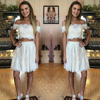 

Sexy Boat Neck Short Bridesmaid dresses Two Pieces Lace Appliques bridesmaid dress Robe demoiselle Prom Dress Party Gowns