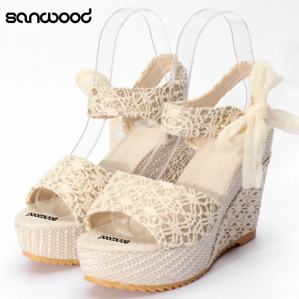 

Women Summer High Heel Wedge Platform Sandals Bowknot Ankle Lace Strap Shoes