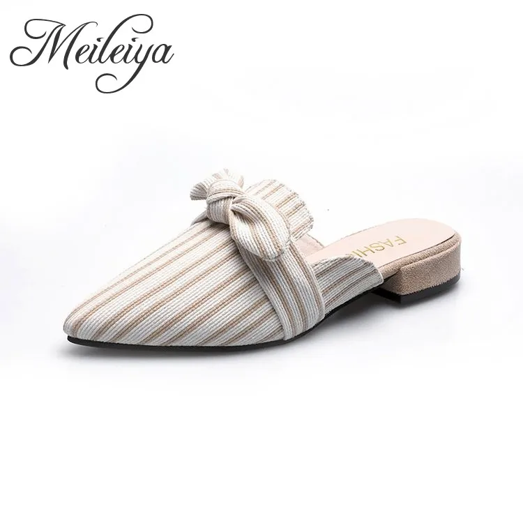 

Sweet Cute Ladies Pointed Toe Butterfly Knot Shallow Casual Slippers Striped Bow Knot Fashion Mules Sandals for Women