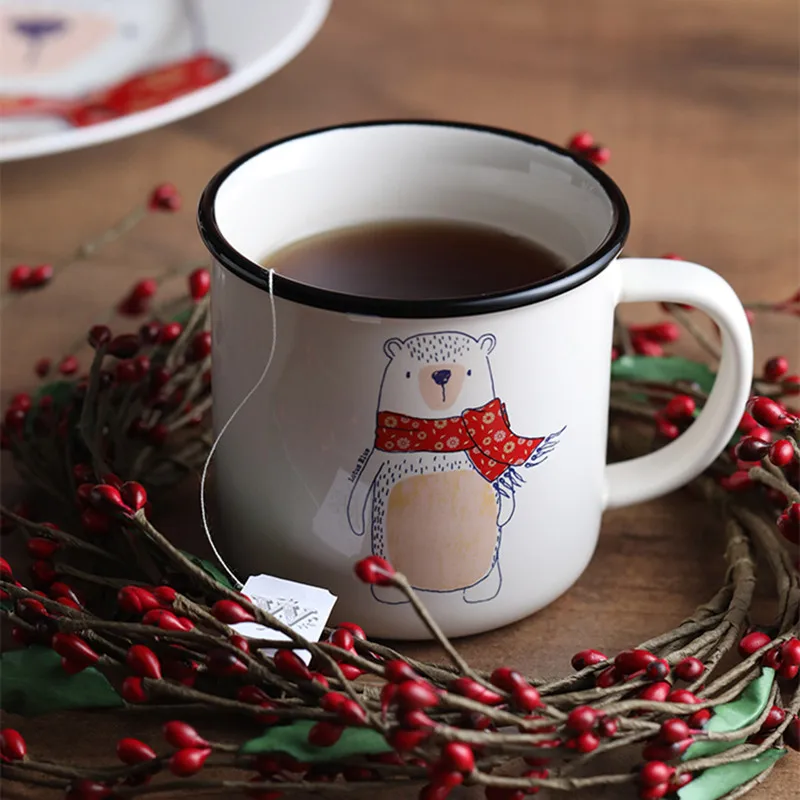 

385ml Creative red scarf bear ceramic coffee cup brief cartoon cat white milk mugs household water cup free shipping