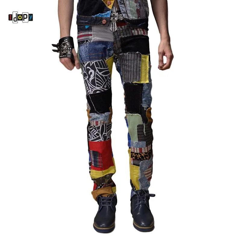 

Idopy Men`s Punk Style Denim Jeans Designer Straight Patchwork American and European Gothic Patterned Biker Jeans For Male