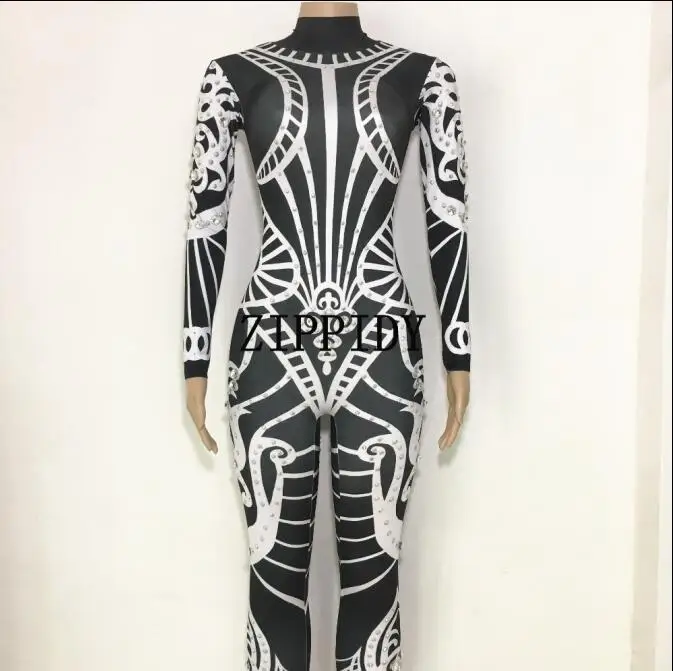 Fashion Shining Black White Printed Rhinestone Jumpsuit Female Leggings Costume One-piece Bodysuit Stretch Outfit Party Costume
