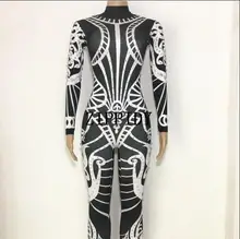 Fashion Shining Black White Printed Rhinestone Jumpsuit Female Leggings Costume One-piece Bodysuit Stretch Outfit Party Costume