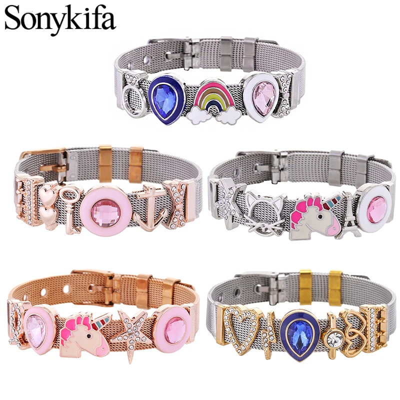 

Fashion New Woman Stainless Steel Mesh Bracelet Unicorn Rainbow DIY Pandoro Bracelets for Girls Couple Party Gifts Jewelr